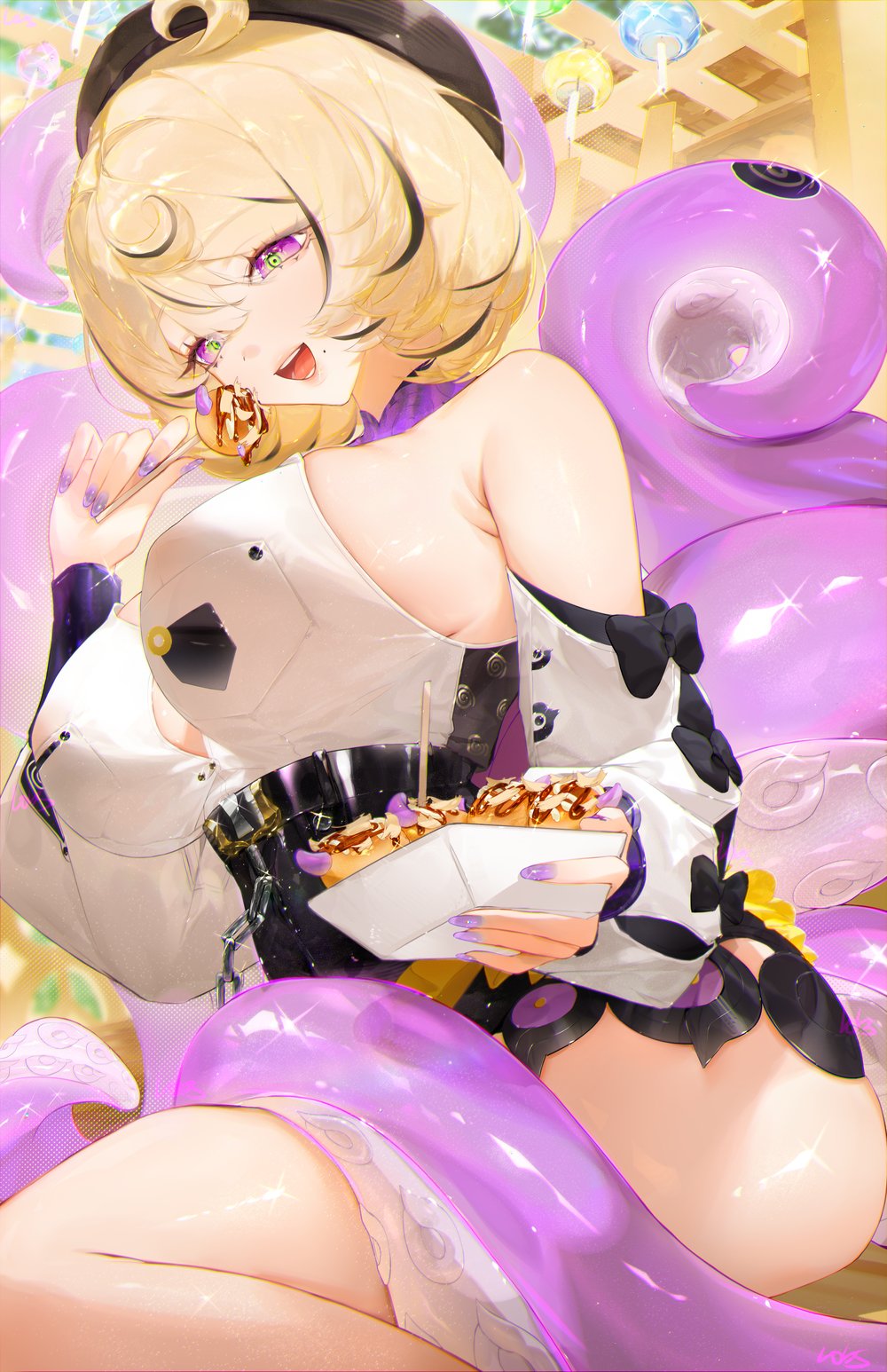 1girl, bare_shoulders, beret, black_hair, black_hat, black_shorts, blonde_hair, breasts