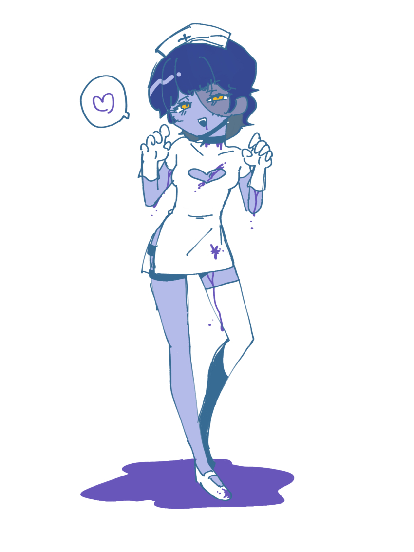 1girl, blood, blue_hair, blue_skin, blush, cleavage_cutout, clothing_cutout, colored_skin