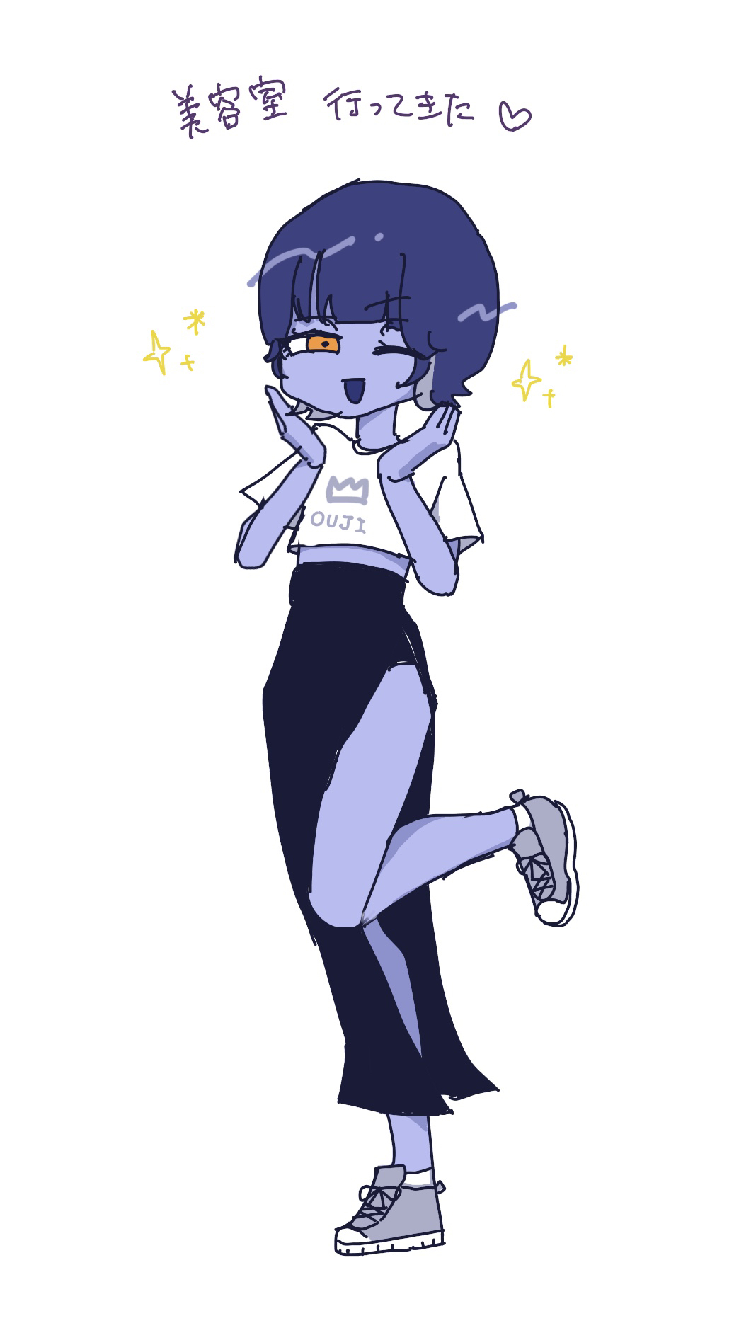 1girl, blue_hair, blue_skin, clothing_cutout, colored_skin, commentary_request, crop_top, heart, high-waist_skirt, highres, indie_virtual_youtuber, leg_cutout, long_skirt, looking_at_viewer, narrowed_eyes, one_eye_closed, orange_eyes, shoes, short_hair, short_sleeves, simple_background, skirt, solo, sparkle, standing, standing_on_one_leg, sumeragi_yuzuru, sumeragi_yuzuru_(artist), translation_request, virtual_youtuber, white_background