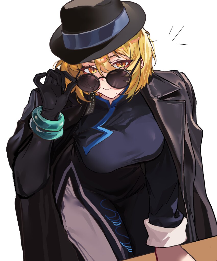 1girl, absurdres, autisticheath, black_coat, black_dress, black_gloves, black_hat, blonde_hair, breasts, china_dress, chinese_clothes, cinq_association_east_uniform, coat, coat_on_shoulders, don_quixote_(project_moon), dress, earrings, gloves, hat, highres, jewelry, large_breasts, limbus_company, pants, project_moon, round_eyewear, short_hair, smile, sunglasses, table, white_background, white_pants, yellow_eyes
