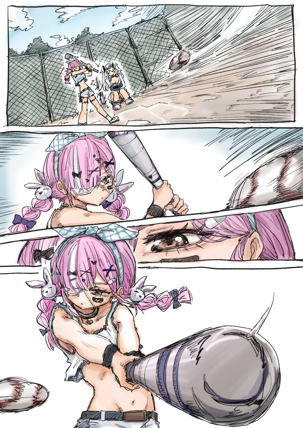 2girls, azur_lane, ball, baseball, baseball_(object), baseball_bat, blue_ribbon, braid