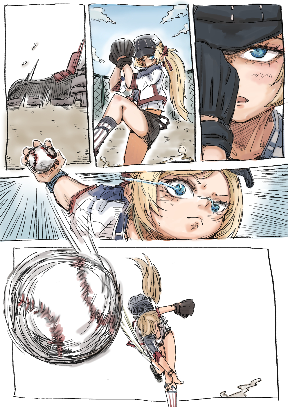 1girl, azur_lane, ball, baseball, baseball_(object), baseball_cap, baseball_glove, blonde_hair