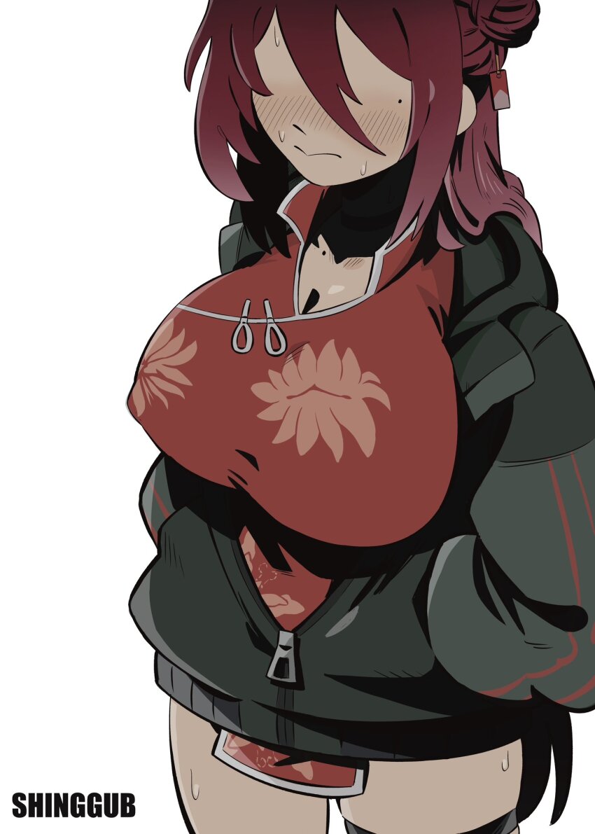 1girl, blue_archive, blush, breasts, china_dress, chinese_clothes, commentary_request, covered_erect_nipples