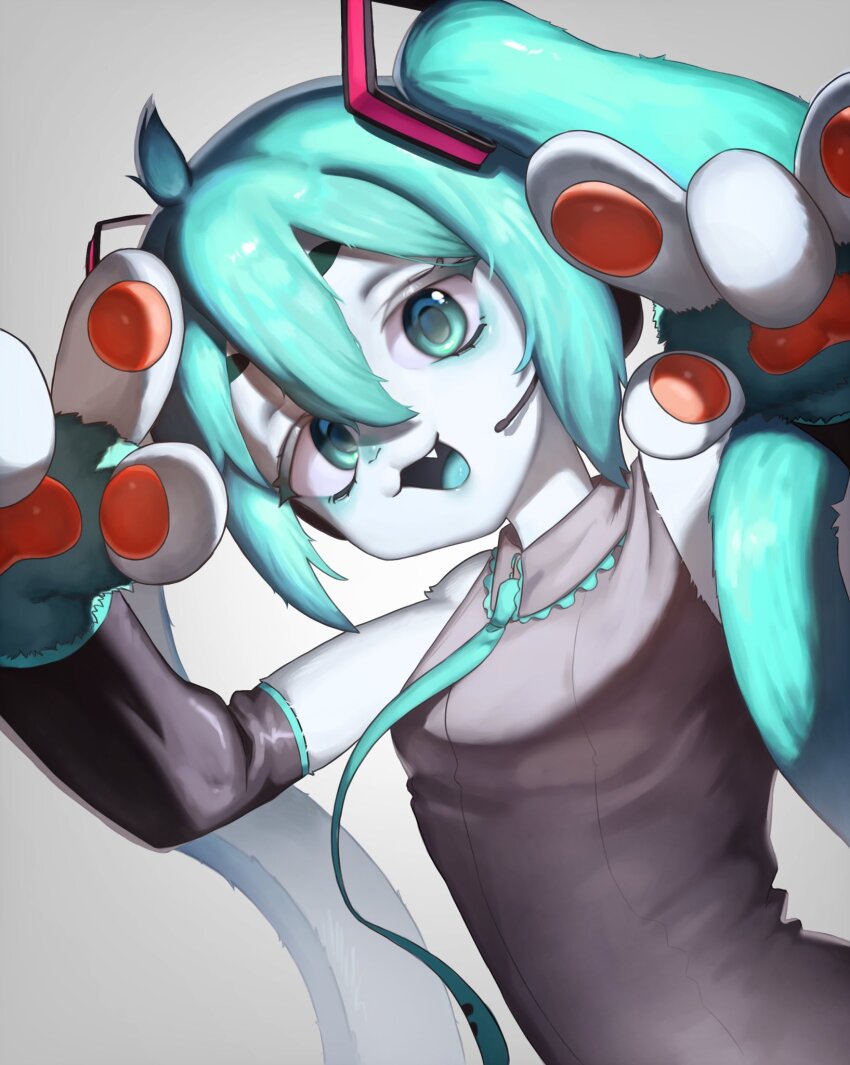 1girl, :3, :d, ahoge, animal_ears, animal_hands, aqua_eyes, aqua_hair, borrowed_design, breasts, collared_shirt, commentary, detached_sleeves, dutch_angle, eitirou12345, fang, furrification, furry, furry_female, grey_shirt, hair_ornament, hatsune_miku, highres, long_hair, looking_at_viewer, mikusagi_(character), necktie, open_mouth, pawpads, rabbit_ears, rabbit_girl, shirt, sleeveless, sleeveless_shirt, small_breasts, smile, solo, twintails, upper_body, usamiku, vocaloid
