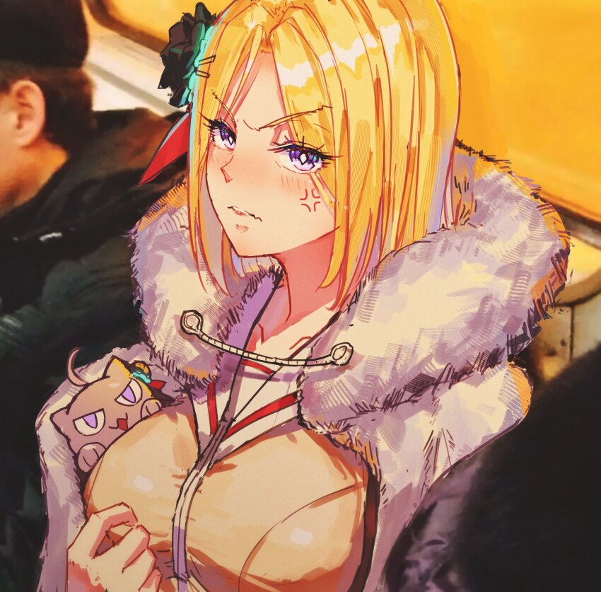 1girl, :3, ahoge, anger_vein, angry, animalization, black_flower, blonde_hair