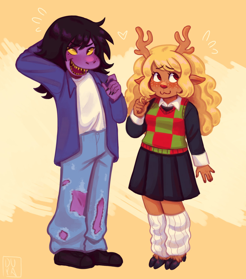 2girls, :3, animal_ears, antlers, black_skirt, blonde_hair, blue_pants, blush, brown_fur, checkered_sweater_vest, colored_sclera, colored_skin, commentary, deer_antlers, deer_ears, deer_girl, deltarune, denim, emobemob, english_commentary, freckles, full_body, furry, furry_female, highres, hooves, horns, jeans, leg_warmers, long_hair, long_sleeves, looking_to_the_side, multiple_girls, noelle_holiday, open_clothes, open_mouth, open_shirt, painttool_sai_(medium), pants, pleated_skirt, purple_hair, purple_shirt, purple_skin, red_eyes, red_nose, reptile_girl, sharp_teeth, shirt, shoes, skirt, smile, standing, susie_(deltarune), teeth, torn_clothes, torn_pants, two-tone_sweater_vest, utdr_(toby_fox), white_leg_warmers, white_shirt, yellow_sclera