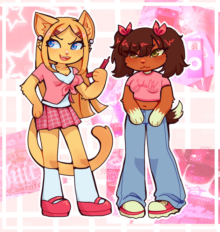 2girls, :3, :d, animal_ear_piercing, animal_ears, animal_hands, apple_inc., blonde_hair