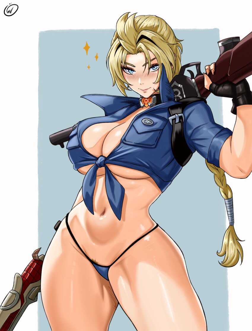 1girl, blonde_hair, blue_eyes, blue_shirt, blush, breasts, closed_mouth, elsa_bloodstone, gun, highres, holding, holding_gun, holding_weapon, looking_at_viewer, marvel, marvel_rivals, muscular, muscular_female, navel, shirt, simple_background, tall_female, thick_thighs, thighs, toned, underwear, waifuviolenta, weapon