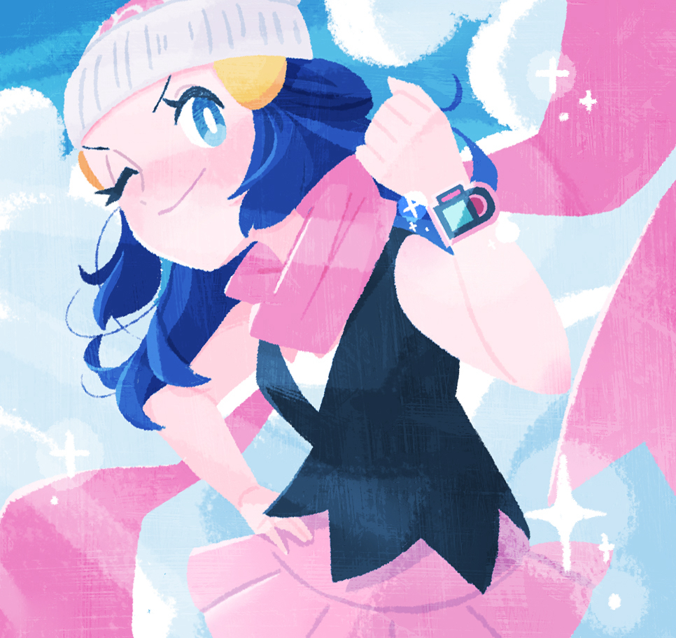 1girl, aqua_eyes, beanie, black_shirt, blue_hair, blue_sky, blush, bright_pupils