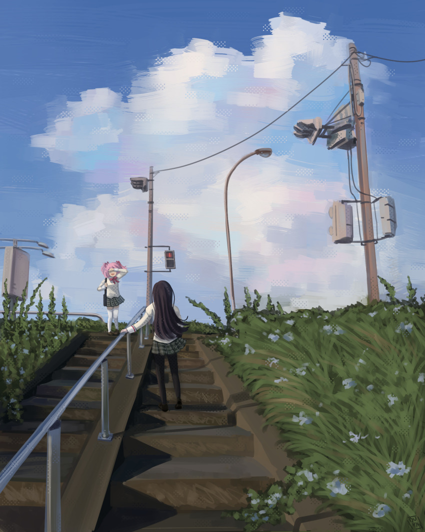 2girls, akemi_homura, black_hair, blue_flower, blue_sky, cloud, commentary, emobemob