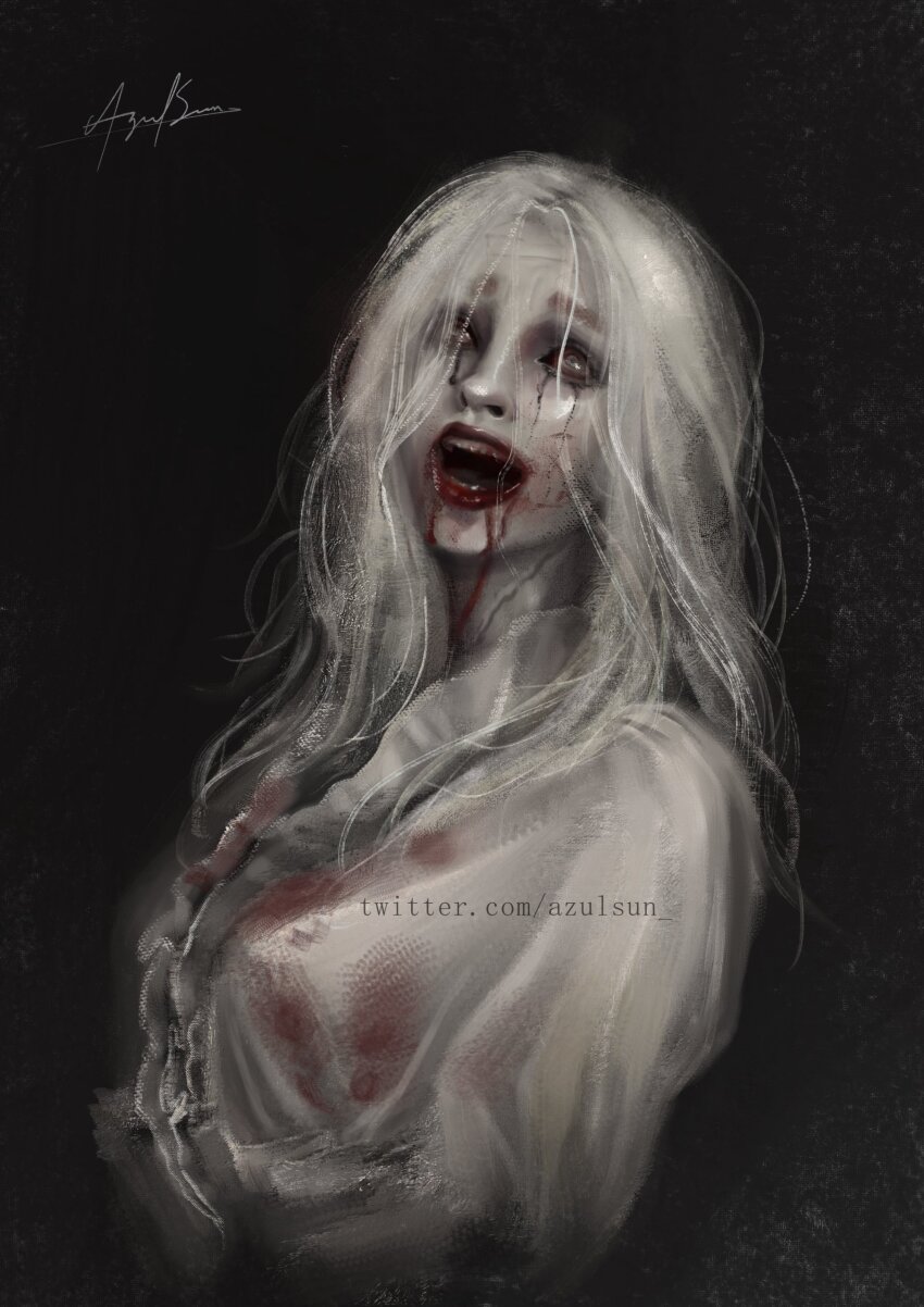 1girl, absurdres, artist_name, black_background, blood, blood_from_mouth, blood_on_clothes, blood_on_face, blood_on_mouth, bloodshot_eyes, bloody_clothes, bloody_dress, bloody_tears, colored_sclera, colored_skin, crazy_eyes, crazy_smile, dress, fangs, grey_skin, highres, horror_(theme), injury, long_hair, looking_at_viewer, makeup, melonasun, messy_hair, open_mouth, pale_skin, patreon_username, red_eyes, red_lips, red_sclera, resident_evil, resident_evil_requiem, runny_makeup, selena_corey, smile, solo, spot_color, teeth, upper_body, vampire, watermark, web_address, white_dress, white_eyes, white_hair, white_skin, wide_mouth, zombie