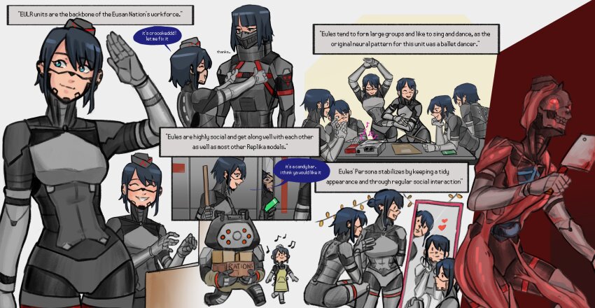 6+girls, ^_^, absurdres, adjusting_another's_clothes, android, ara_(signalis), black_hair, black_hat