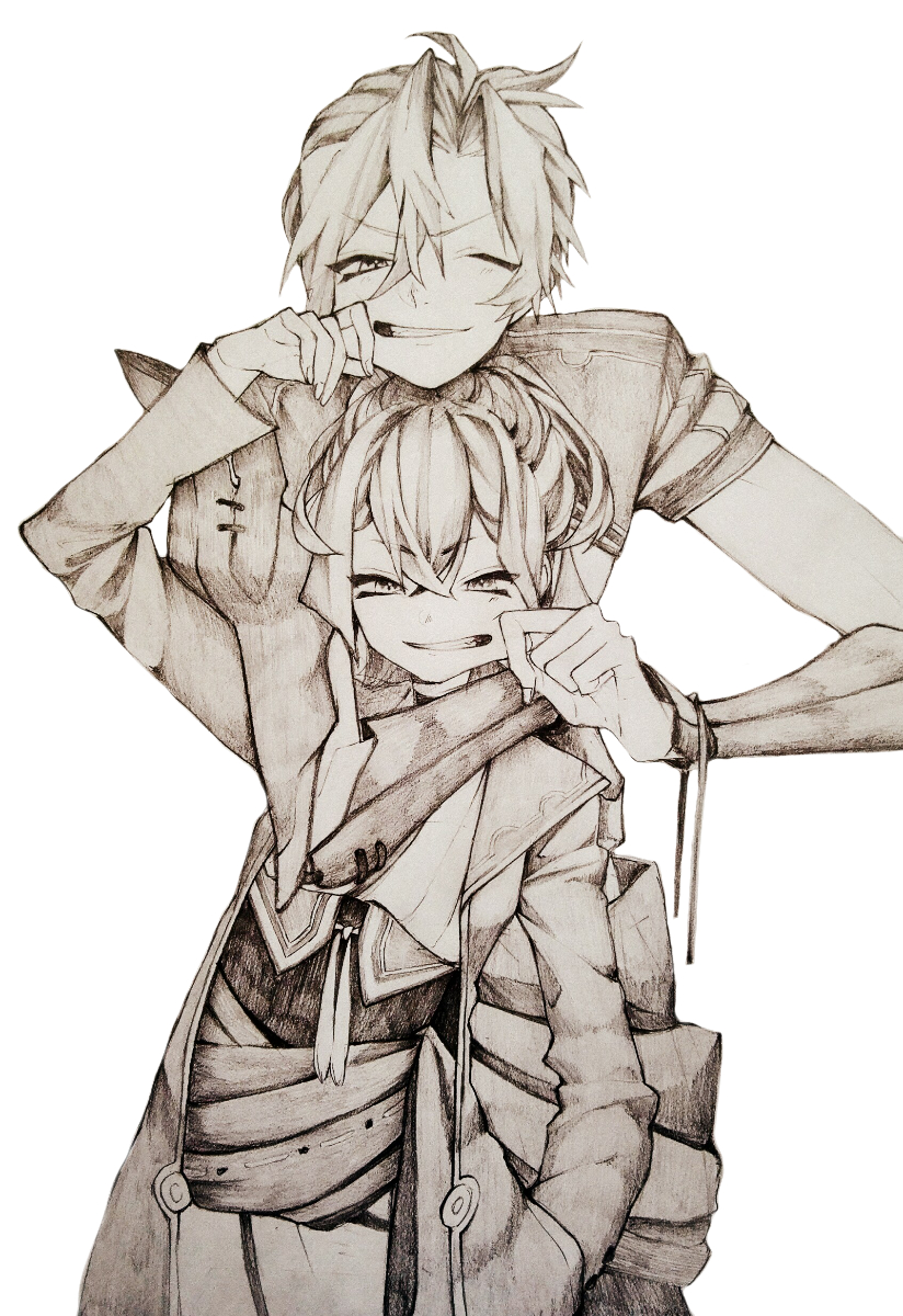 1boy, 1girl, arm_up, cheek_pull, commentary_request, cowboy_shot, crossed_bangs, grimms_notes