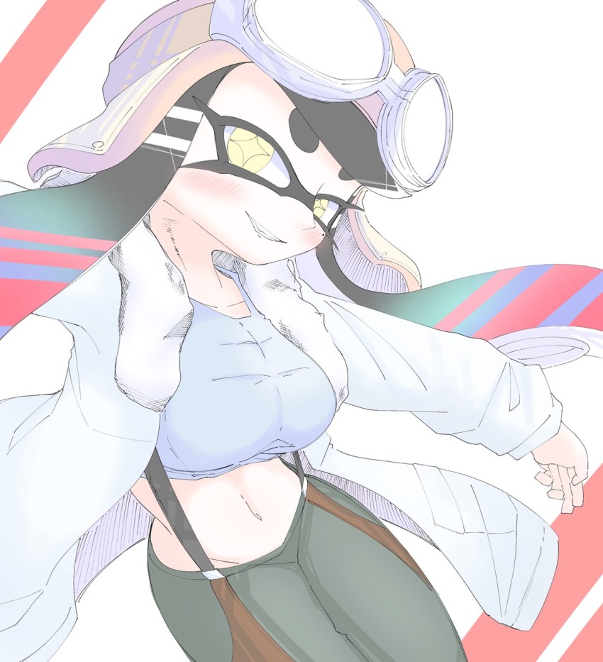 +_+, 1girl, blush, breasts, callie_(splatoon), crop_top, goggles, goggles_on_head, haro_il, helmet, inkling, jacket, large_breasts, long_sleeves, looking_at_viewer, midriff, nintendo, pants, splatoon_(series), suspenders, teeth, tentacle_hair, twintails, yellow_eyes