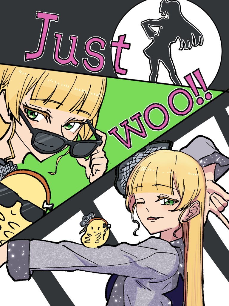 1girl, animalization, black-framed_eyewear, blonde_hair, closed_mouth, commentary, dolce_(love_live!), green_eyes