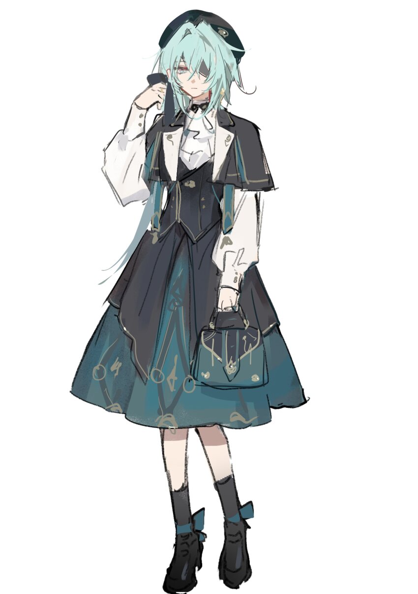 1girl, absurdres, anaxa_(honkai:_star_rail), anaxa_(impression)_(honkai:_star_rail), aqua_hair, bag, beret, black_capelet