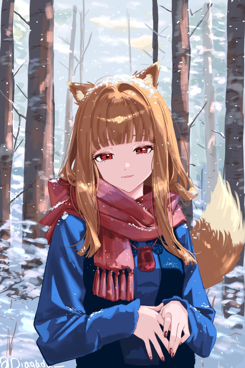 1girl, absurdres, animal_ears, bare_tree, blue_sweater, brown_hair, commentary, diagada