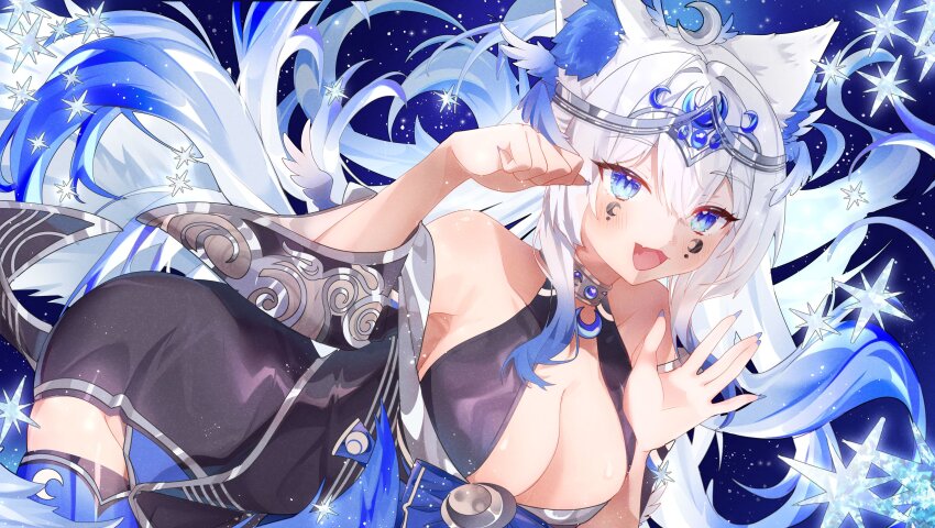 1girl, absurdres, animal_ear_fluff, animal_ears, bare_shoulders, black_dress, blue_eyes, blue_hair