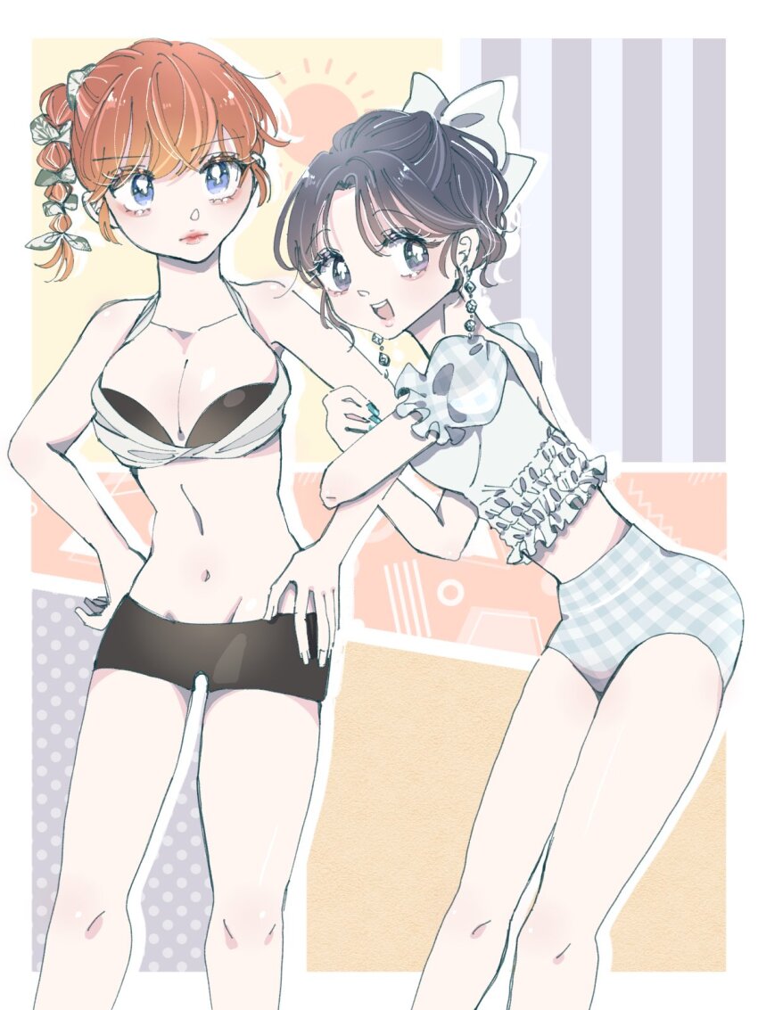 2girls, :d, bare_shoulders, black_hair, black_shorts, blue_eyes, blue_hair, blue_nails