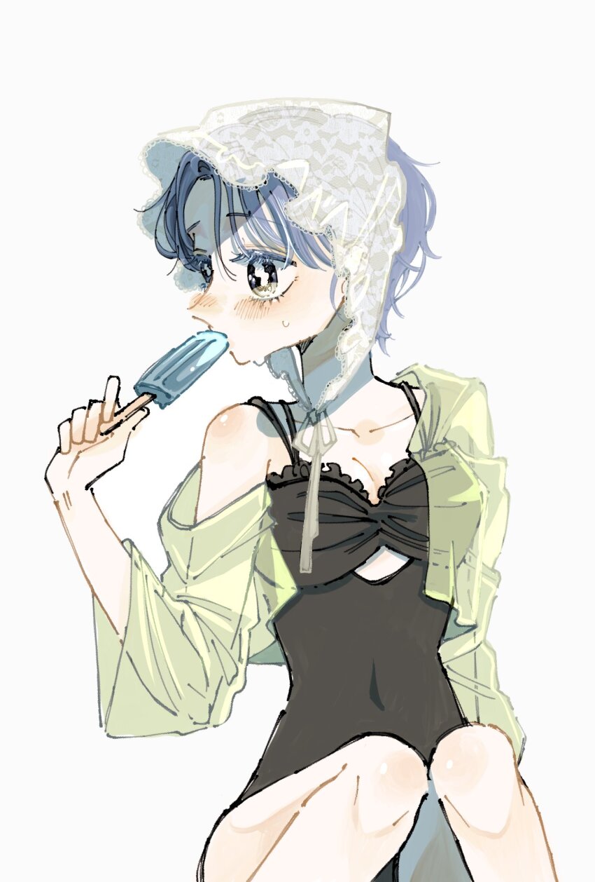 1girl, black_one-piece_swimsuit, blue_hair, breasts, cleavage, cocoa_681, collarbone, colored_eyelashes