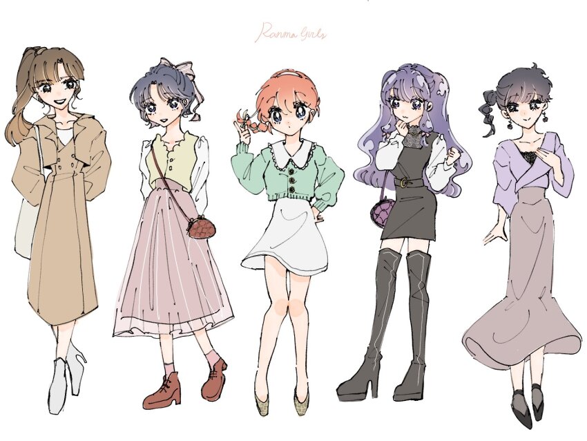 5girls, :3, black_dress, black_eyes, black_hair, blue_eyes, blue_hair, brown_dress