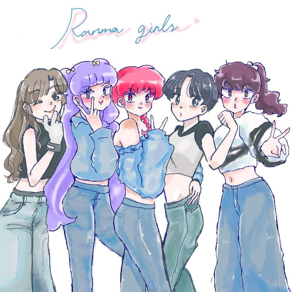 5girls, ;), black_hair, blue_pants, braid, brown_eyes, closed_mouth, cocoa_681