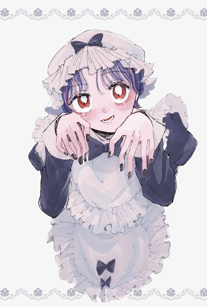 1girl, :d, apron, black_nails, blue_hair, cocoa_681, commentary, frilled_hat