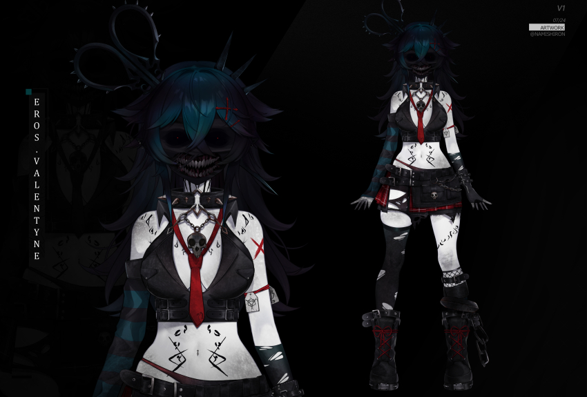 1girl, absurdres, asymmetrical_legwear, belt, black_belt, black_boots, black_gloves, black_sclera