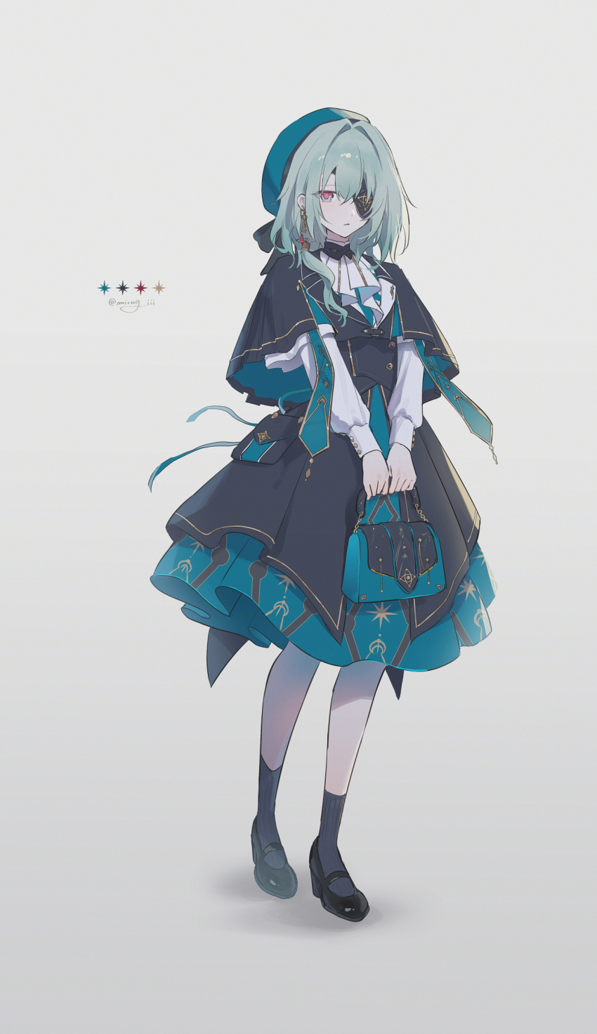 1girl, anaxa_(honkai:_star_rail), anaxa_(impression)_(honkai:_star_rail), bag, beret, black_capelet, black_overskirt, black_shoes