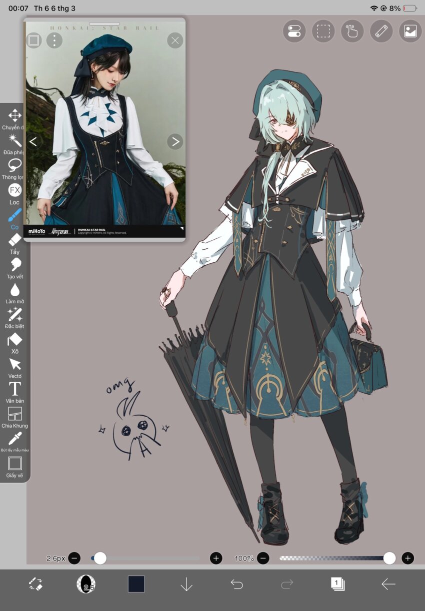 1boy, anaxa_(honkai:_star_rail), anaxa_(impression)_(honkai:_star_rail), aqua_hair, art_program_in_frame, bag, beret, black_boots