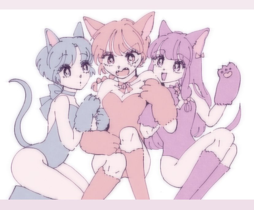 3girls, :d, animal_ears, bare_shoulders, blue_choker, blue_hair, blue_leotard, blue_tail, braid, cat_ears, cat_girl, cat_tail, choker, closed_mouth, cocoa_681, collarbone, commentary, dot_mouth, fangs, girl_sandwich, kemonomimi_mode, leotard, long_hair, multiple_girls, open_mouth, pink_eyes, purple_leotard, purple_tail, ranma-chan, ranma_1/2, red_leotard, sandwiched, shampoo_(ranma_1/2), short_hair, single_braid, sitting, smile, tail, tail_raised, tendou_akane, yuri