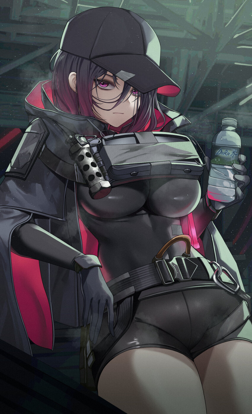 1girl, absurdres, black_bodysuit, black_gloves, black_hair, black_hat, bodysuit, bottle