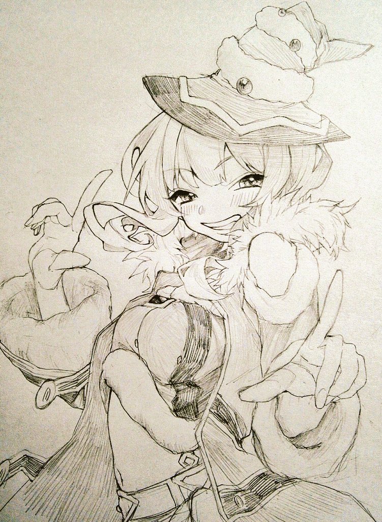 1girl, bare_shoulders, belt, blunt_bangs, breasts, coat, fam_(grimms_notes), fam_(seiya)_(grimms_notes), fingernails, grimms_notes, grin, half-closed_eyes, hands_up, hat, looking_at_viewer, midriff, monochrome, navel, open_clothes, open_coat, shino_(5no), short_hair, sidelocks, simple_background, smile, solo, teeth, traditional_media, upper_body, wide_sleeves, witch_hat