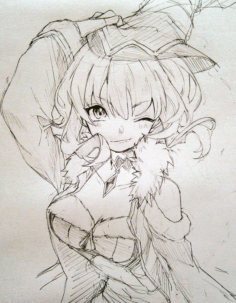 1girl, arm_up, bare_shoulders, belt, breasts, cleavage, closed_mouth, coat, fam_(grimms_notes), fam_(seiya)_(grimms_notes), fingernails, grimms_notes, hat, looking_at_viewer, midriff, monochrome, navel, one_eye_closed, open_clothes, open_coat, shino_(5no), short_hair, sidelocks, simple_background, smile, solo, traditional_media, upper_body, wide_sleeves, witch_hat