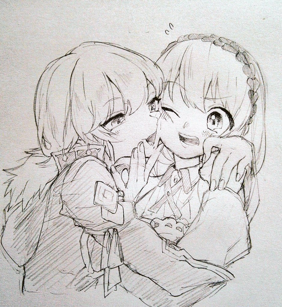 2girls, blush, cropped_torso, fam_(grimms_notes), fam_(original)_(grimms_notes), fingernails, flying_sweatdrops, fur-trimmed_jacket