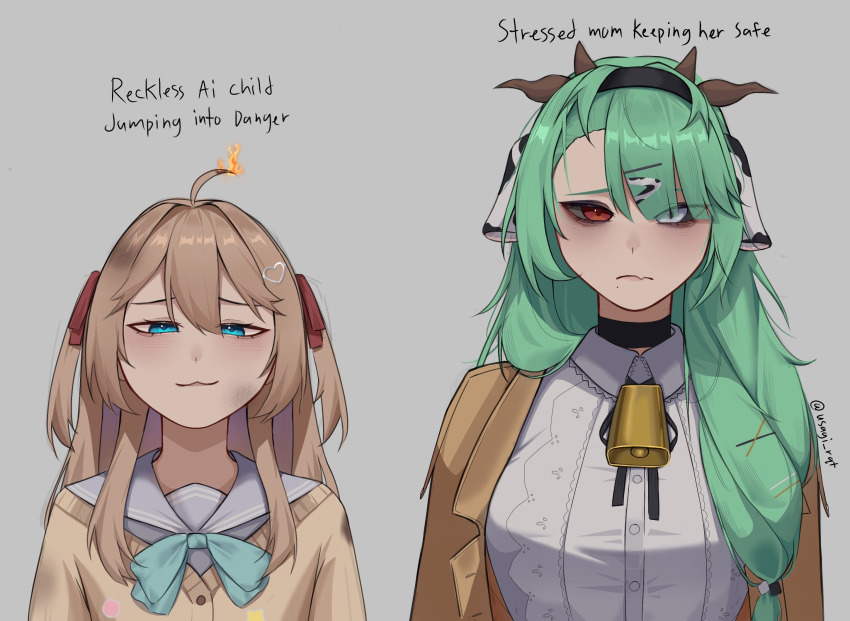 2girls, :3, ahoge, animal_ears, animal_print, aqua_collar, asymmetrical_bangs, bags_under_eyes