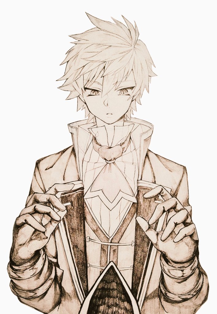 1boy, ascot, bookmark, gloves, grimms_notes, hair_between_eyes, hands_up, high_collar