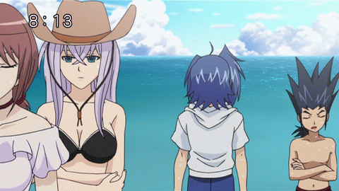 10s, 2boys, 2girls, animated, animated_gif, black_hair, blue_hair, breasts, brown_hair, cardfight!!_vanguard, cleavage, cowboy_hat, hat, hood, hoodie, katsuragi_kamui, long_hair, lowres, multiple_boys, multiple_girls, ocean, purple_hair, sendou_aichi, spiked_hair, stampede_string, swimsuit, tokura_misaki