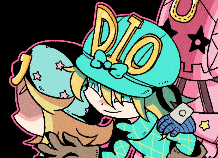 1other, 2boys, aqua_bow, aqua_helmet, aqua_sweater, argyle_clothes, argyle_sweater, black_background