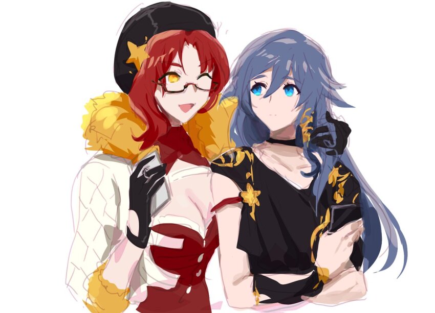 2girls, ;d, amyucheu, beret, black_choker, black_hair, black_shirt, blue_eyes