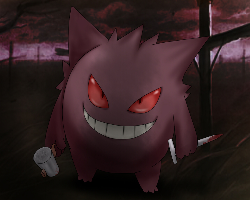 blood, creature, cross, gen_1_pokemon, gengar, ghost, grave, graveyard, grin, hammer, holding, looking_at_viewer, monster, murumuru_(partisan), nail_(hardware), nintendo, no_humans, pokemon, pokemon_(creature), red_eyes, smile, solo, standing