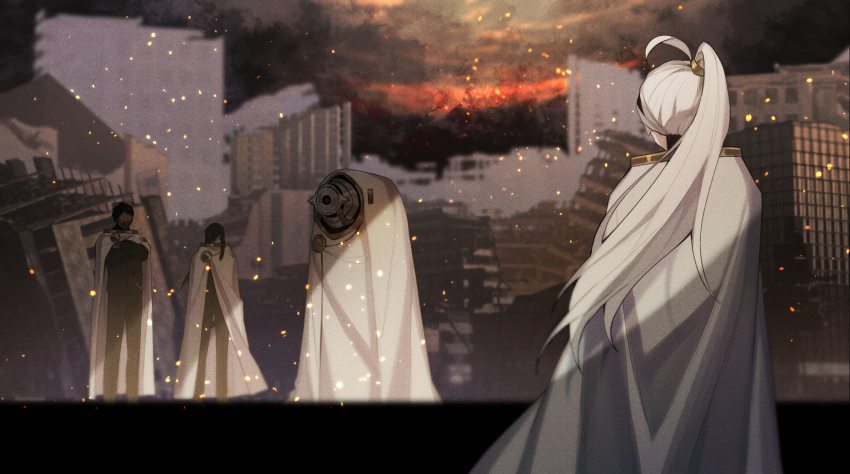 1girl, 3boys, black_jacket, buttons, cape, closed_eyes, commentary_request, crossed_arms