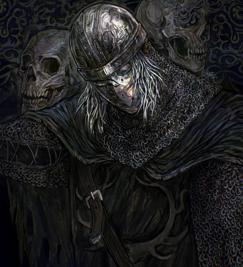 1boy, armor, belt, binatestars, black_belt, blue_cape, blue_eyes, bone, cape, chainmail, commentary, creighton_of_mirrah, dark_souls_(series), dark_souls_ii, english_commentary, grey_hair, helmet, highres, looking_at_viewer, male_focus, mask, skull, solo