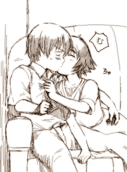 1boy, 1girl, aged_down, alternate_hairstyle, child, closed_eyes, couch, dress