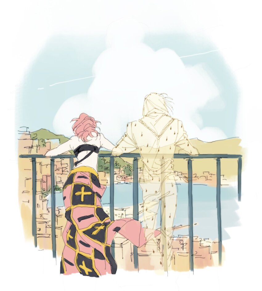 1boy, 1girl, against_railing, bruno_bucciarati, city, from_behind, ghost, highres