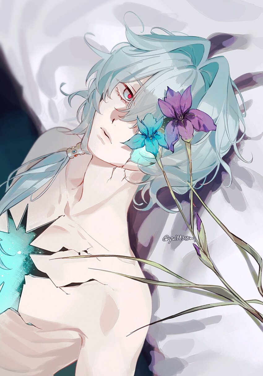 1boy, anaxa_(honkai:_star_rail), blue_flower, blue_hair, collarbone, commentary, cracked_skin, curtained_hair