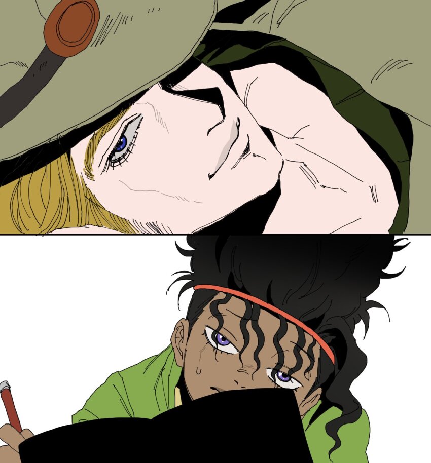 2boys, black_hair, blonde_hair, blue_eyes, boingo, close-up, cowboy_hat, dark-skinned_male