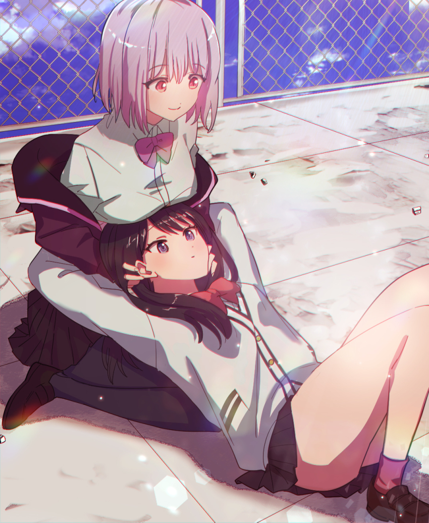 2girls, black_hair, black_shoes, black_skirt, black_thighhighs, blue_eyes, bow, bowtie