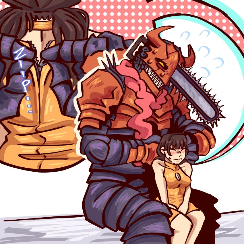 1boy, 1girl, adjusting_another's_clothes, black_hair, blush, breasts, chainsaw_man, cleavage