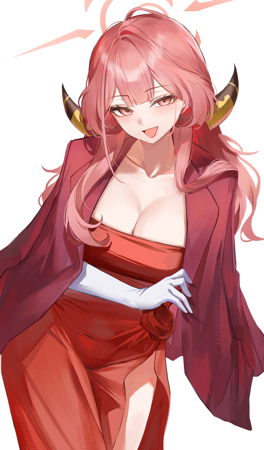 1girl, absurdres, aru_(blue_archive), aru_(dress)_(blue_archive), blue_archive, breasts, brown_horns, cleavage